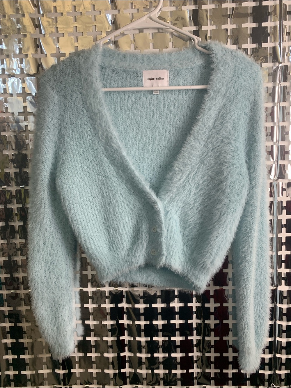 Skylar + Madison Cropped Fuzzy V-Neck Cardigan in Mint Blue